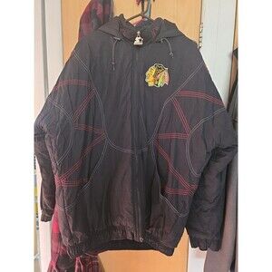 Starter‎ Chicago Blackhawks NHL Full Zip Hooded Jacket XL Black Red Stitching